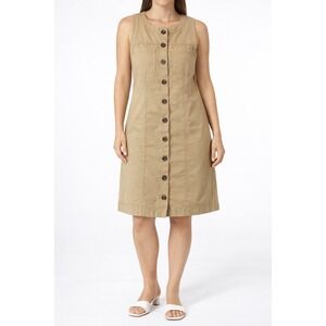 LOFT‎ Womens Khaki Tan Cotton Utility Button Front Sleeveless Shift Dress Size 4